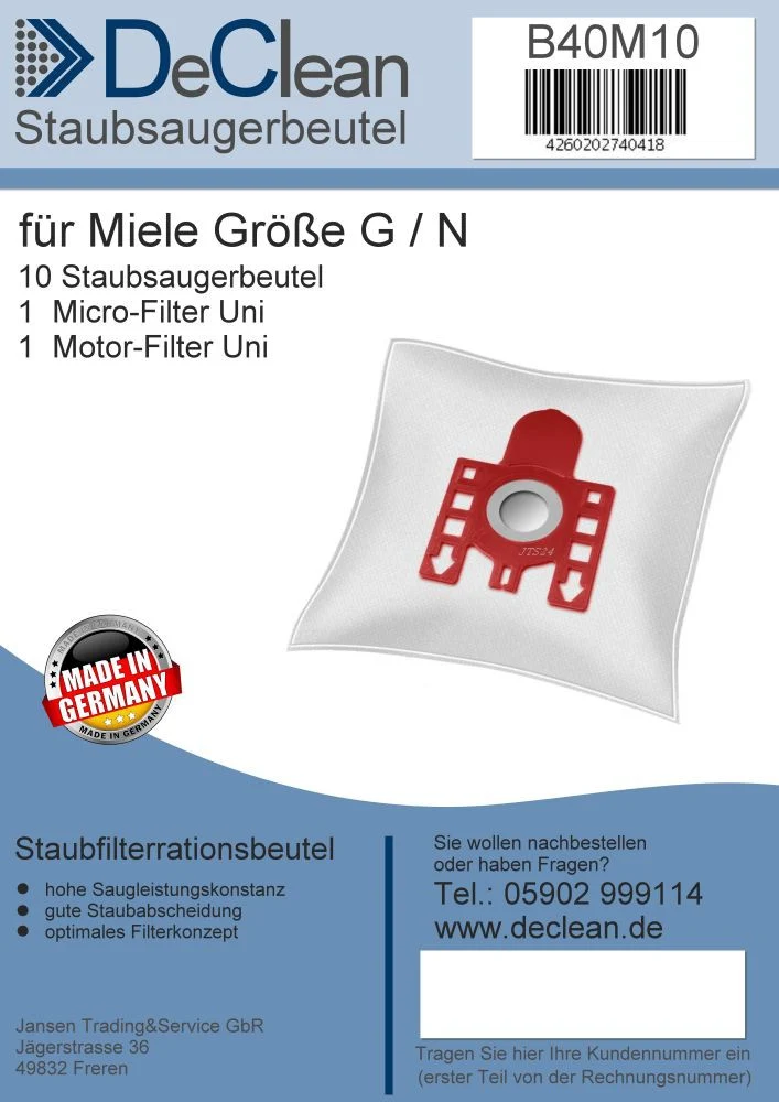 10 DeClean Staubsaugerbeutel kompatibel mit Miele Gr. G N