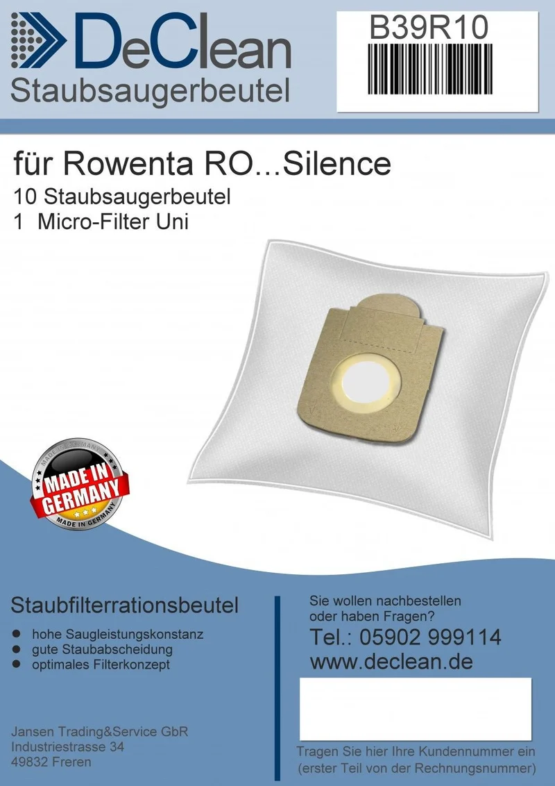 20 DeClean Staubsaugerbeutel kompatibel mit Rowenta RO 6451 EA, RO 64..Serie Silence Force