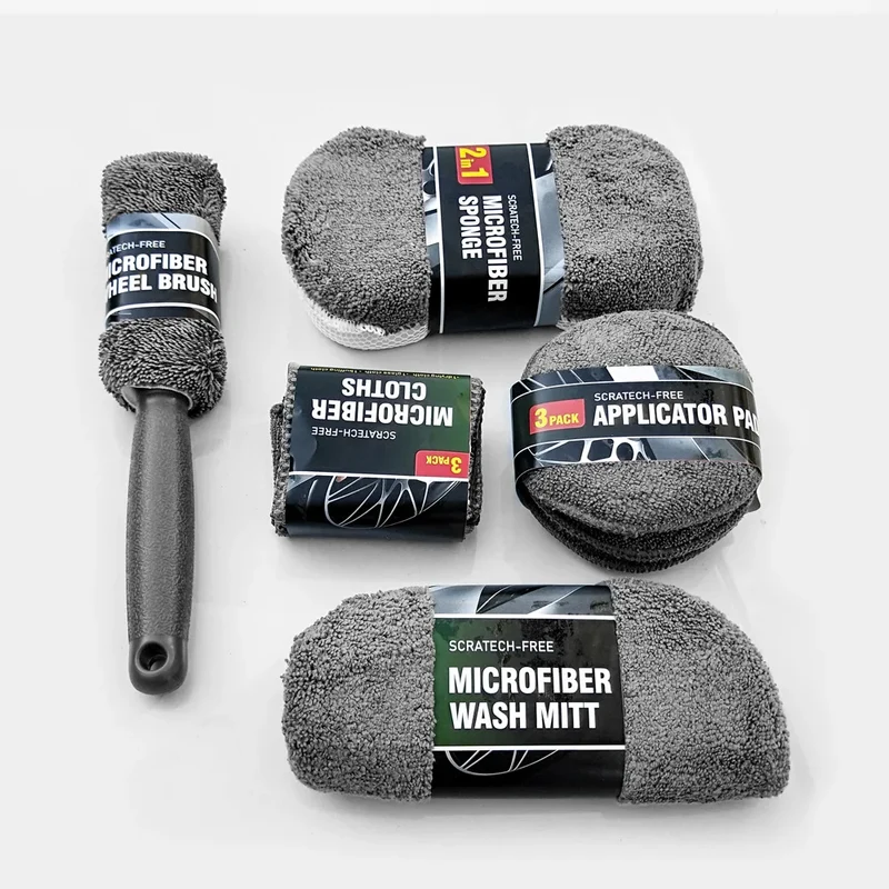 Auto Reinigungsset 9-teilig – Premium Waschhandschuhe, Mikrofasertücher & Felgenpinsel