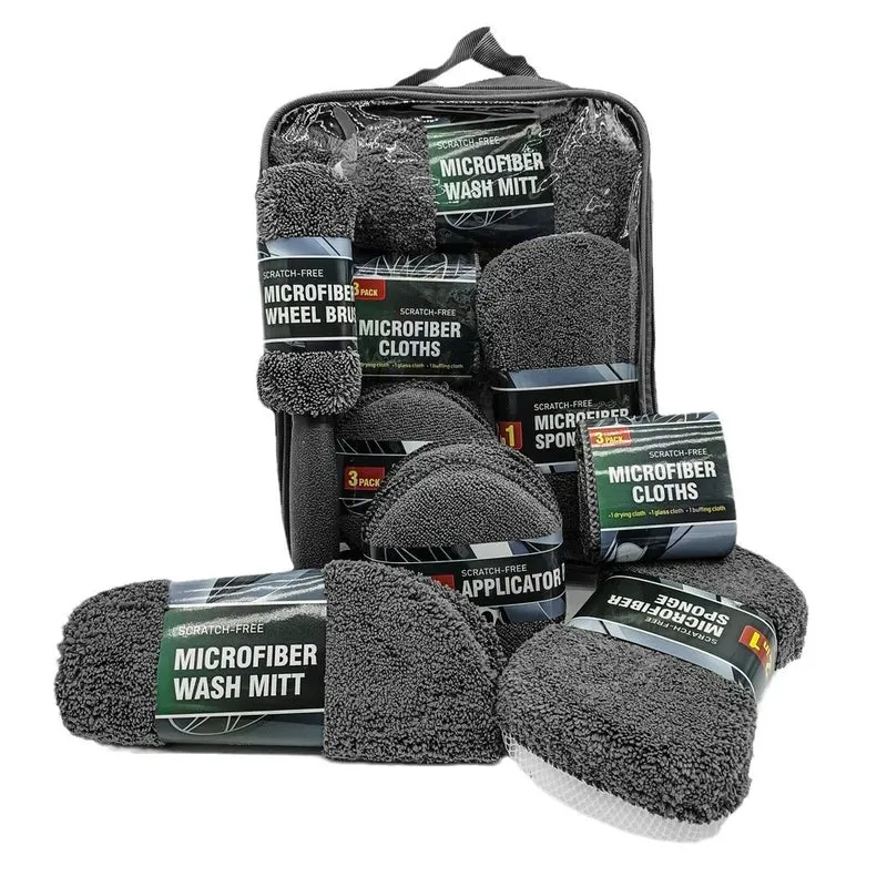 Auto Reinigungsset 9-teilig – Premium Waschhandschuhe, Mikrofasertücher & Felgenpinsel