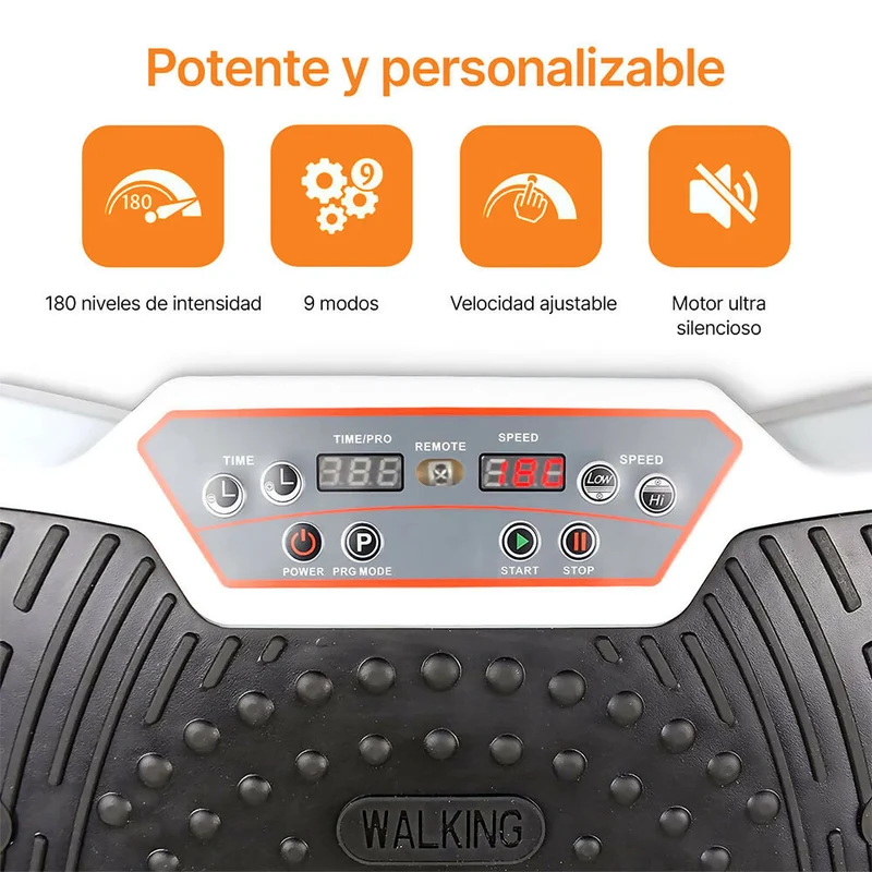 Plataforma vibratoria con 180 niveles de intensidad / Compacta y resistente / Soporta 150kg / Motor ultra-silencioso / Incluye 2 bandas de resistencia + esterilla de yoga