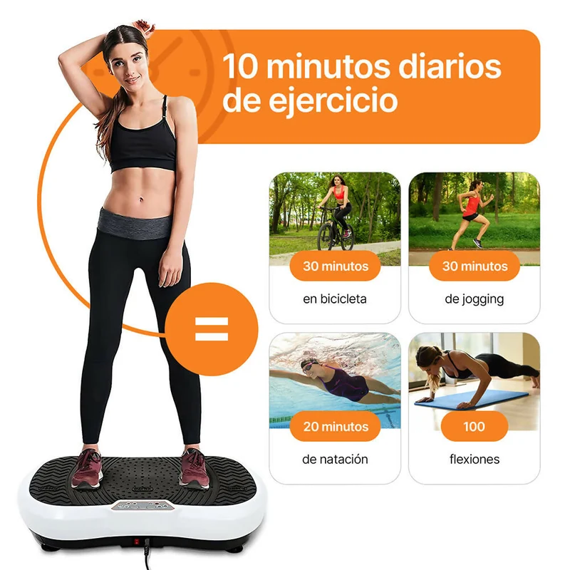 Plataforma vibratoria con 180 niveles de intensidad / Compacta y resistente / Soporta 150kg / Motor ultra-silencioso / Incluye 2 bandas de resistencia + esterilla de yoga