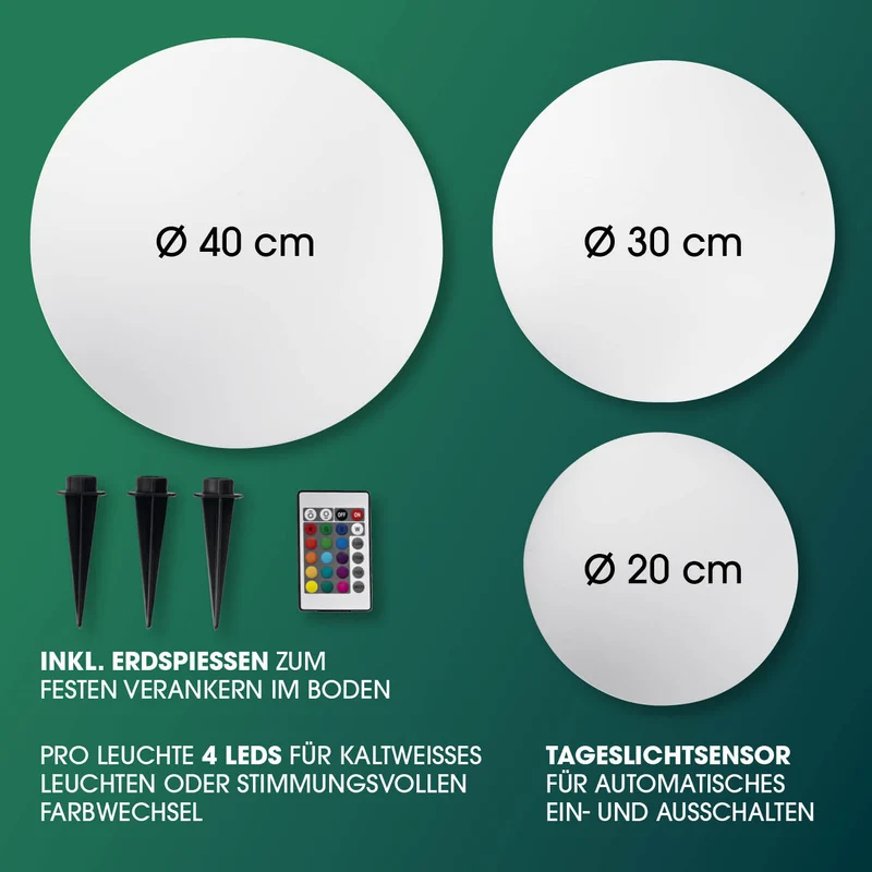 Solar-Dekokugel 3er-Set mit Fernbedienung - 20, 30, 40 cm