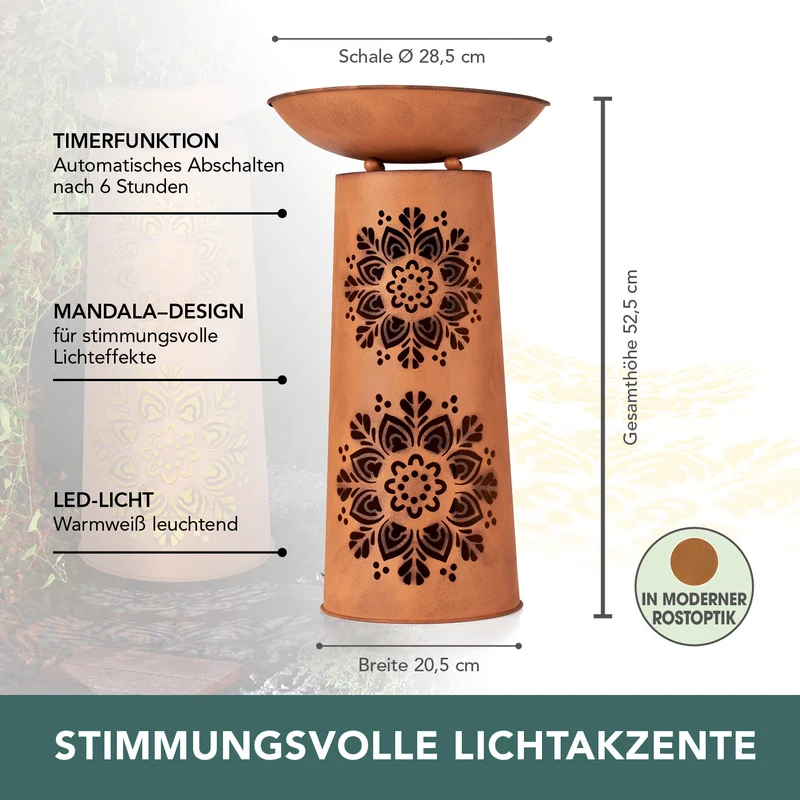 LED-Dekosäule mit Pflanzschale - Rost-Optik Mandala