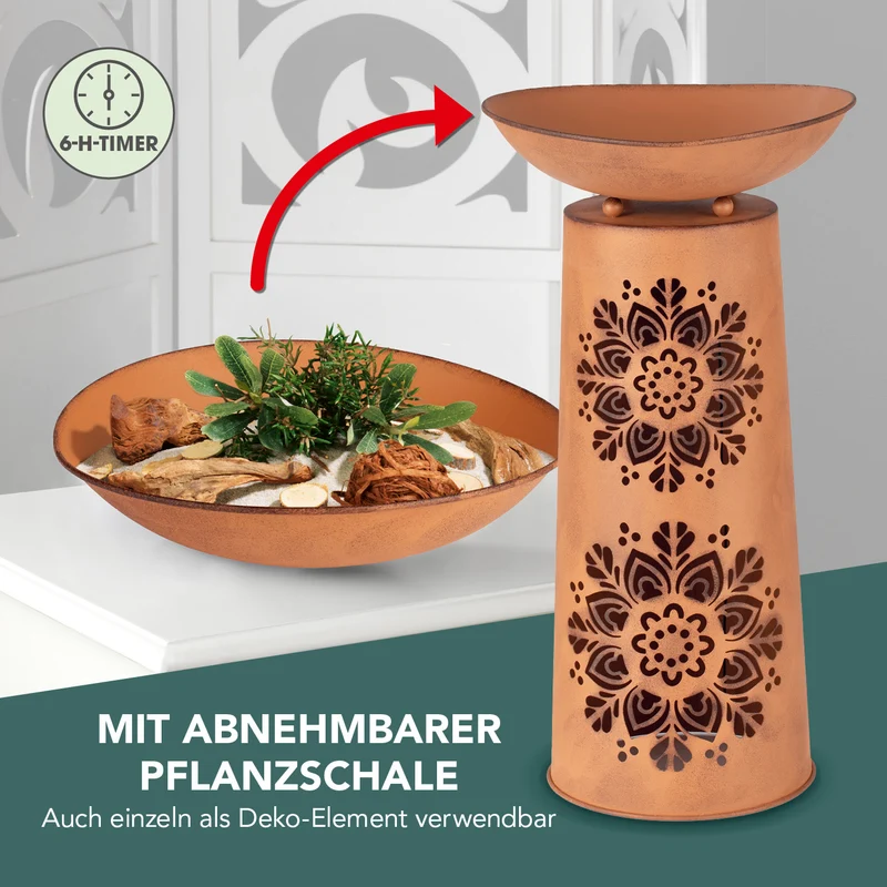 LED-Dekosäule mit Pflanzschale - Rost-Optik Mandala