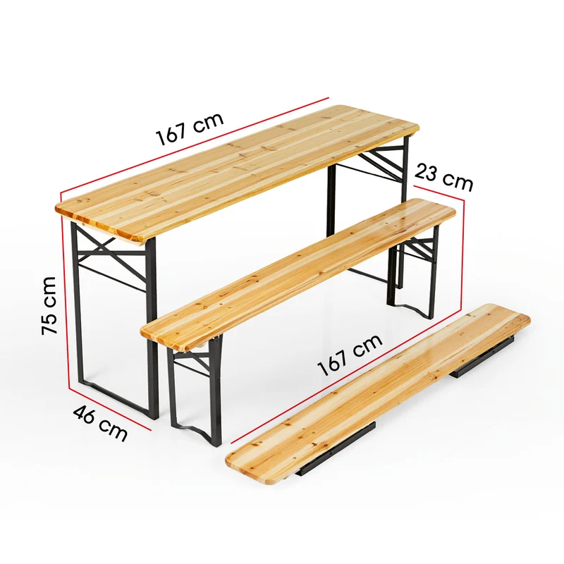 Bierzeltgarnitur Set (1 Tisch mit 2 Sitzbänken) - 170 cm - holzfarben/schwarz