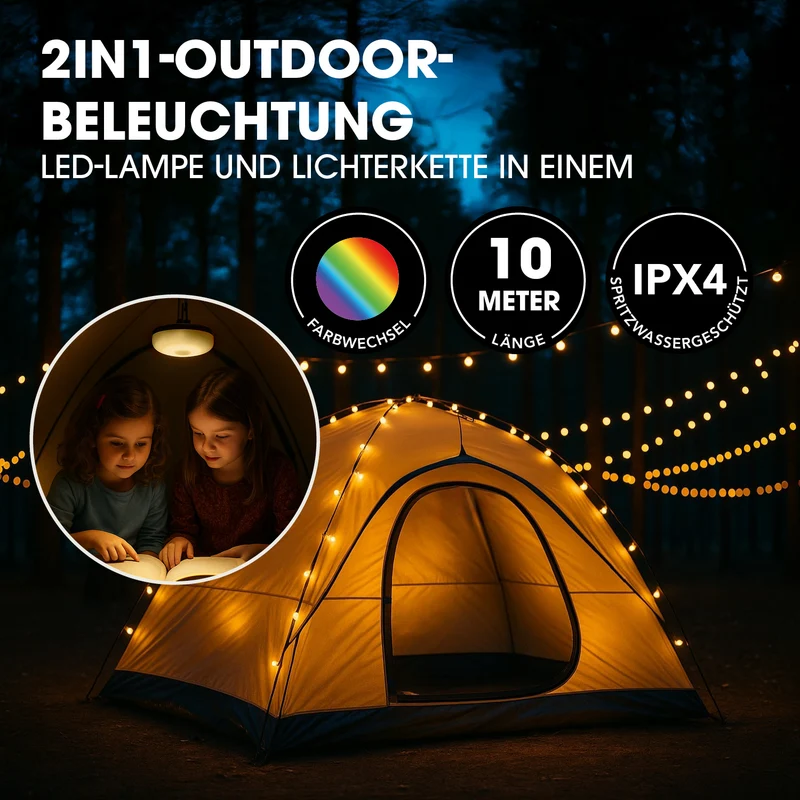 2in1-Outdoor-Beleuchtung - Lampe & Lichterkette in einem
