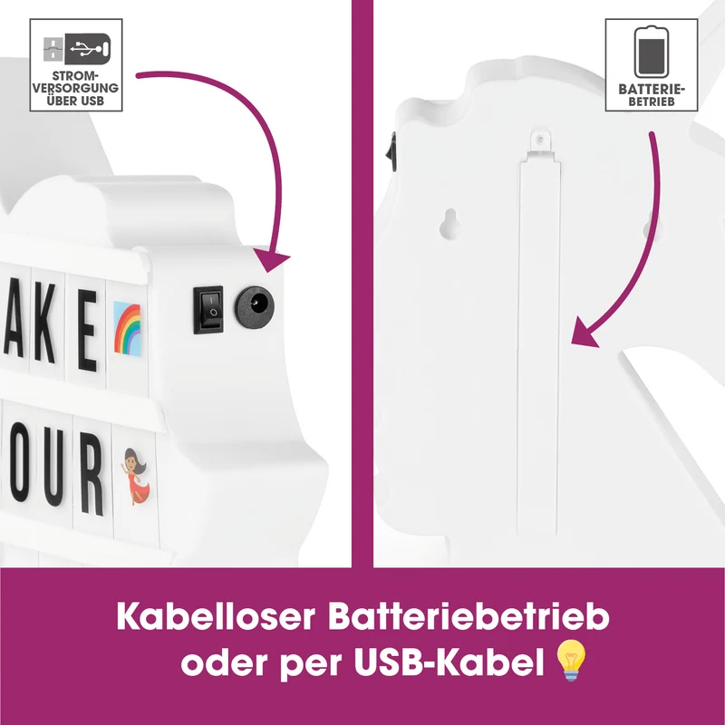 LED-Leuchtkasten Einhorn - 173 Buchstaben & 150 Moodjis