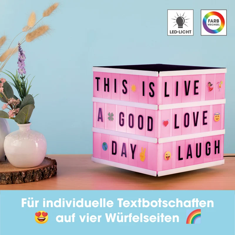 LED-Leuchtkasten Würfel - 173 Buchstaben & 150 Moodjis