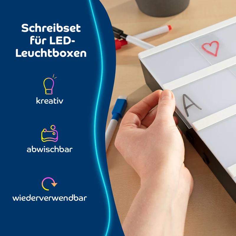 LED-Leuchtkasten A4 mit 173 Buchstaben, Zahlen & Symbolen & 150 bunten Mood Pics inkl. Schreib-Set (3 Stifte & 20 Karten)