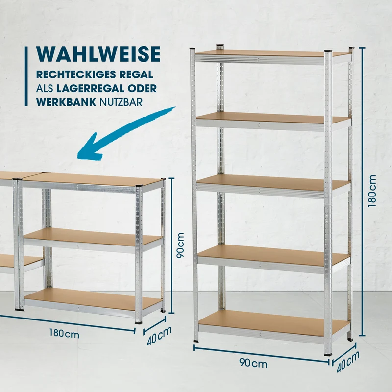 Schwerlastregal & Werkbank mit GS - Bis zu 175 kg Tragkraft je Regalboden - 180 x 90 x 40 cm