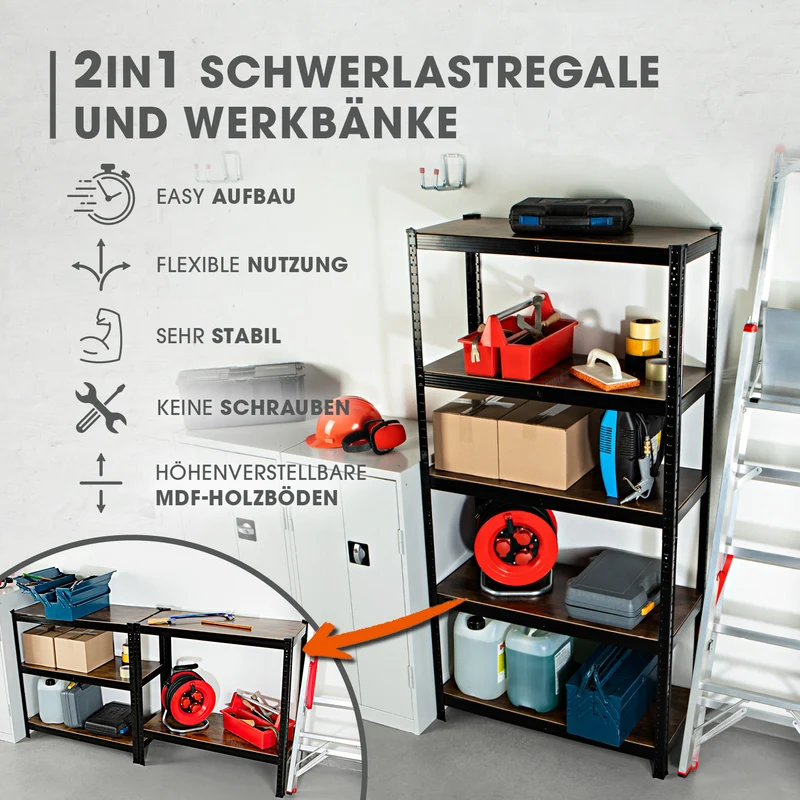 2 in 1 Schwerlastregal & Werkbank - 180 x 90 x 40 cm - Schwarz