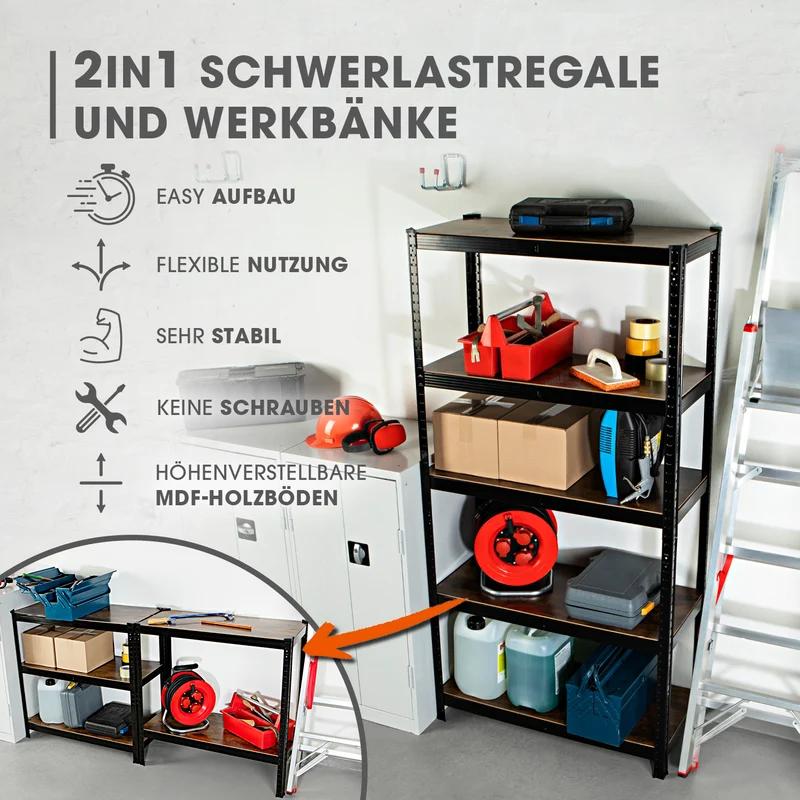 2 in 1 Schwerlastregal & Werkbank - 2er-Set - 180 x 90 x 40 cm - Holzoptik