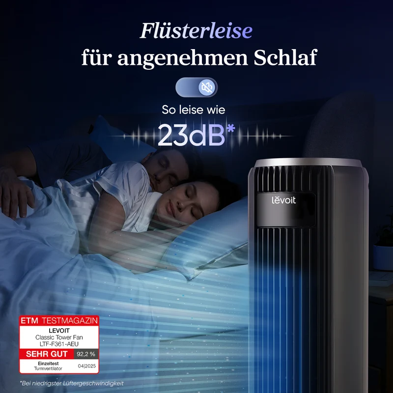Levoit Turmventilator 36AC – Leiser Säulenventilator mit Schlafmodus & Fernbedienung | Mattgrau