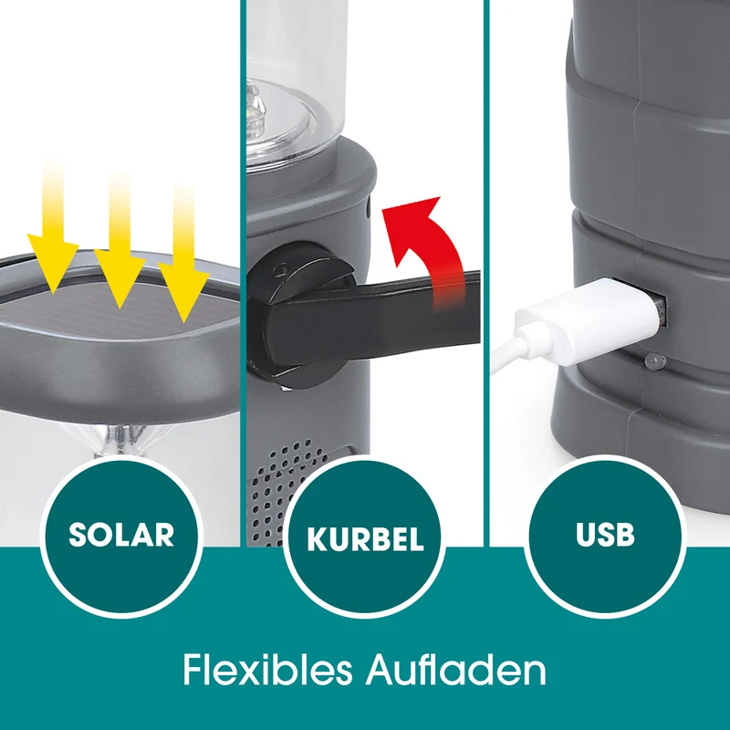 Akku-Lampe mit Radio - Lädt über Solar, Kurbel und USB