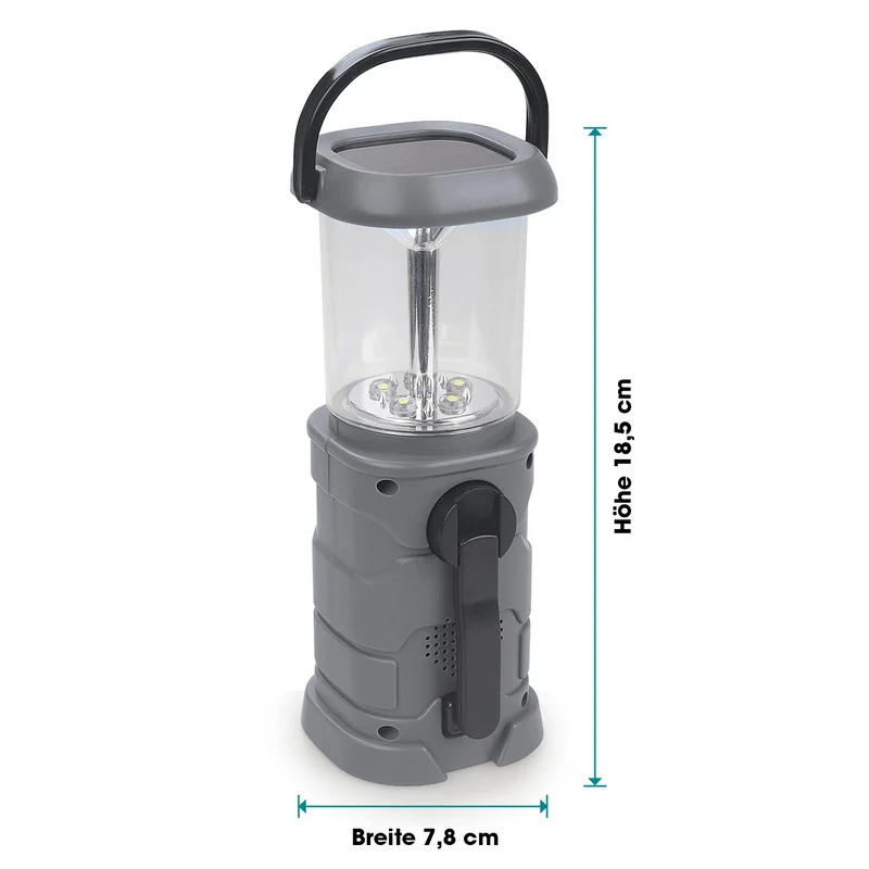 Akku-Lampe mit Radio - Lädt über Solar, Kurbel und USB