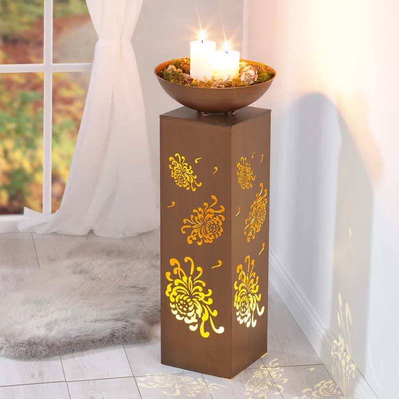 LED-Dekosäule mit Planzschale Rost-Optik "Bauernrose" - 87 cm