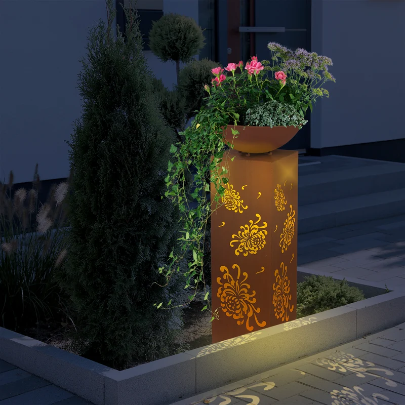 LED-Dekosäule mit Planzschale Rost-Optik "Bauernrose" - 87 cm