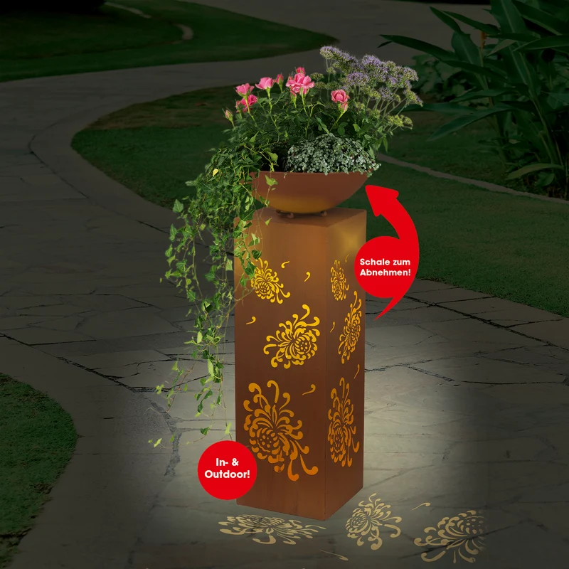 LED-Dekosäule mit Planzschale Rost-Optik "Bauernrose" - 87 cm