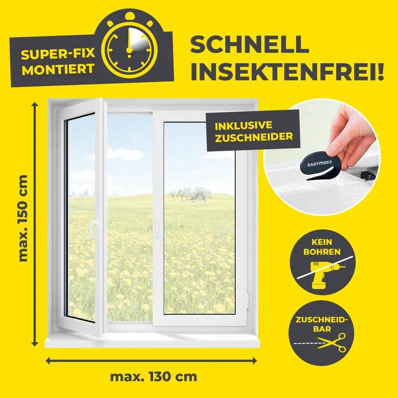 Moskitonetz für Fenster mit selbstklebendem Klettband - 2er-Set - 130 x 150 cm - Weiß