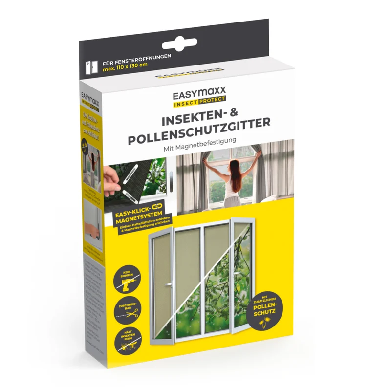 Insekten- & Pollenschutzgitter mit Magnetbefestigung - 4er-Set - 110x130cm - Schwarz