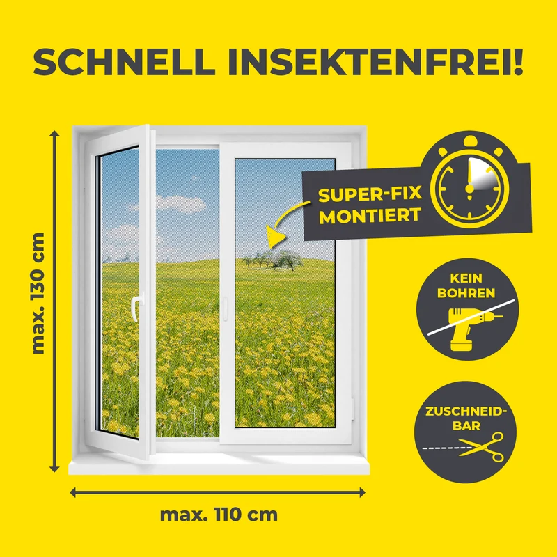 Insektenschutzgitter mit Magnetbefestigung - 4er-Set - 110 x 130 cm - Schwarz