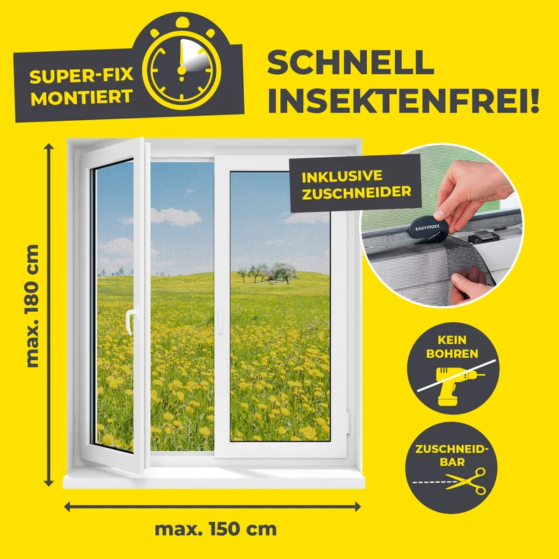 Moskitonetz für Fenster mit selbstklebendem Klettband - 2er-Set - 150 x 180 cm - Schwarz