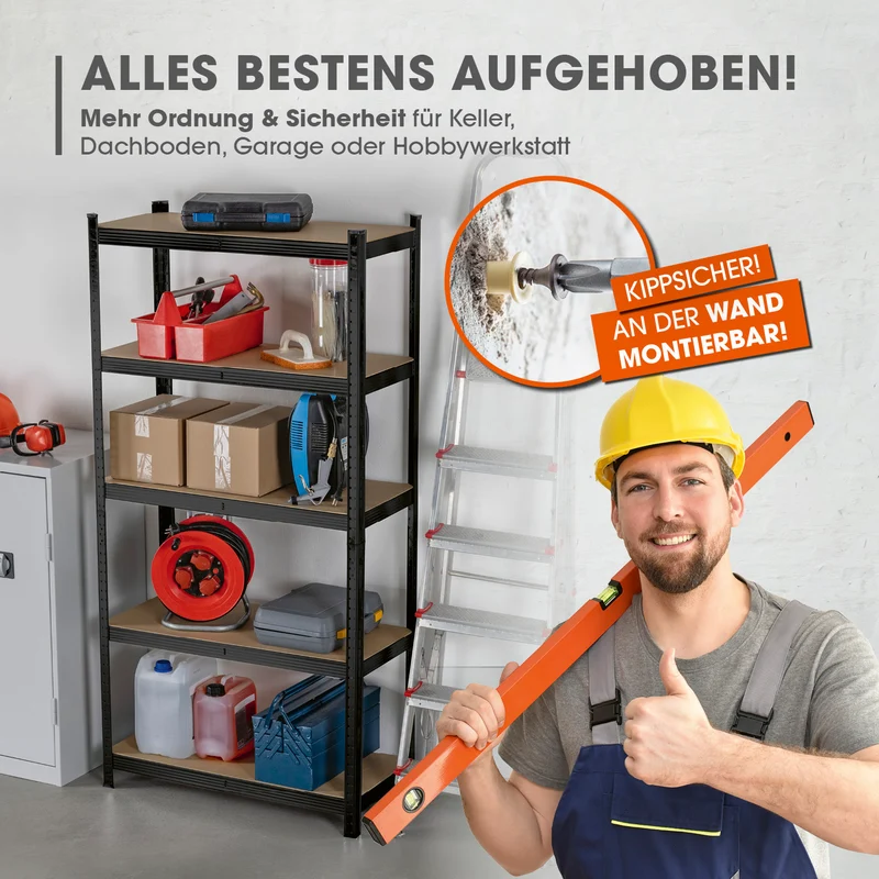 Schwerlastregal mit 5 belastbaren Holzböden - 180 x90 x 40 cm - schwarz - 2er-Set