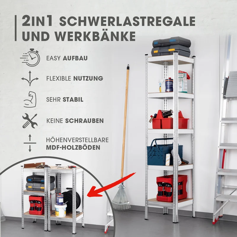 Schwerlastregal & Werkbank - 180 x 40 x 40 cm - 875 kg Traglast, 175 kg pro Ebene