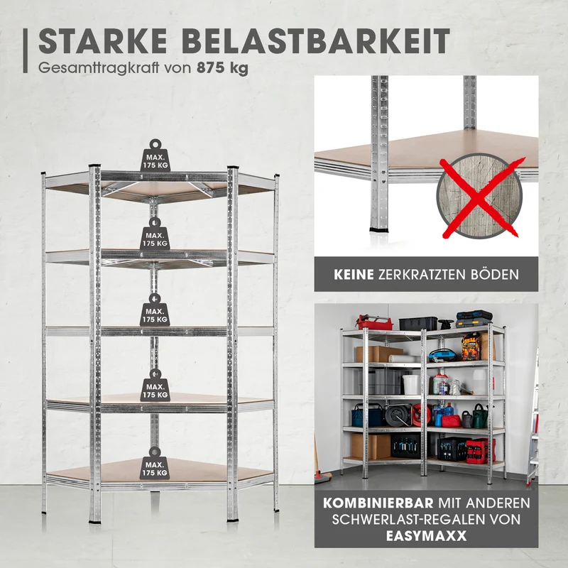 Schwerlast-Eckregal & Werkbank - 180 x 90 x 40 cm - 875 kg Traglast, 175 kg pro Ebene