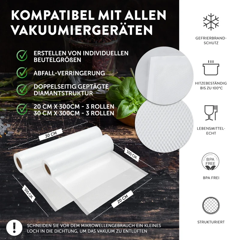 Premium Vakuumrollen - 6er-Set - 3 x 20x300 cm + 3 x 30x300 cm