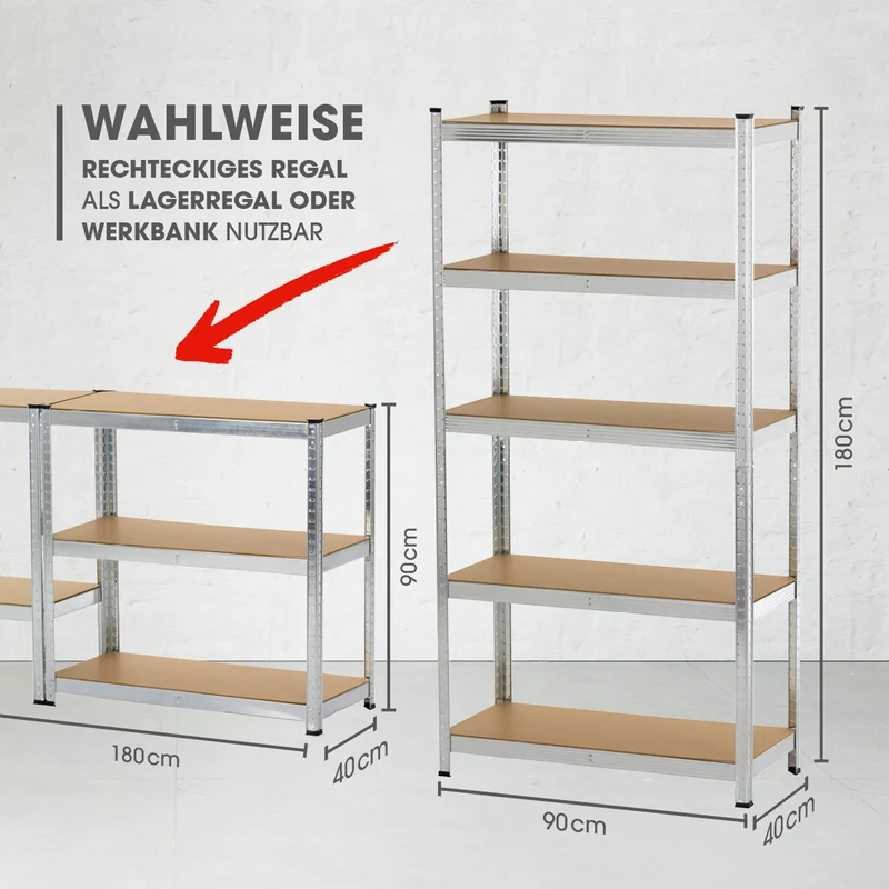 Schwerlastregal & Werkbank 2er-Set - 180 x 90 x 40 cm - 1750 kg Traglast, 175 kg pro Ebene