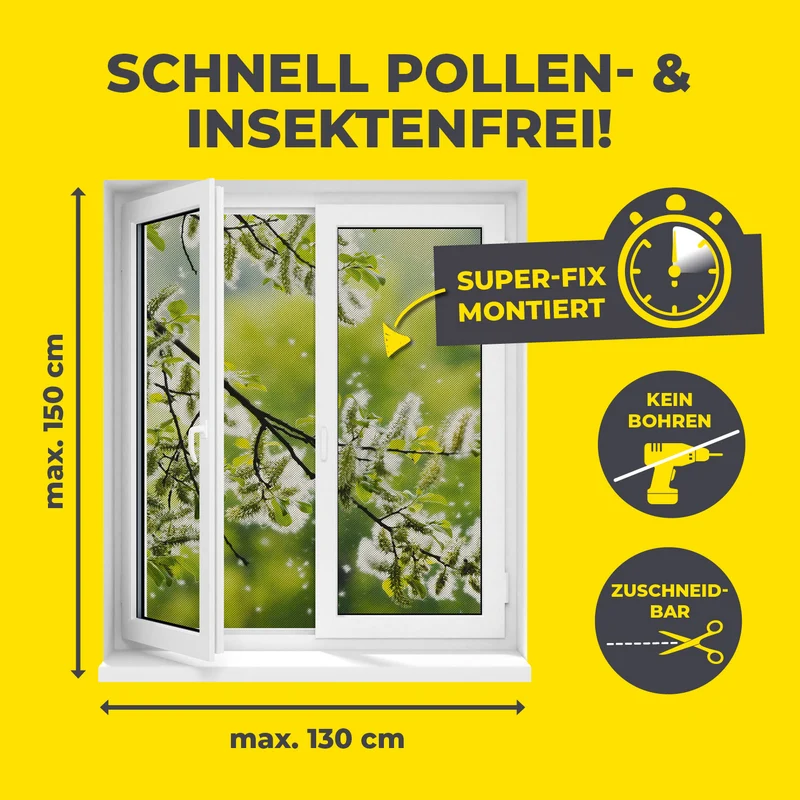 Insekten- & Pollenschutzgitter mit Magnetbefestigung für Fenster bis zu 130 x 150 cm