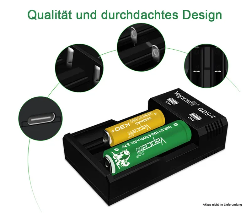 Vapcell Q2S-C USB-C Ladegerät – 2 unabhängige Schächte, 2×1A Ladestrom