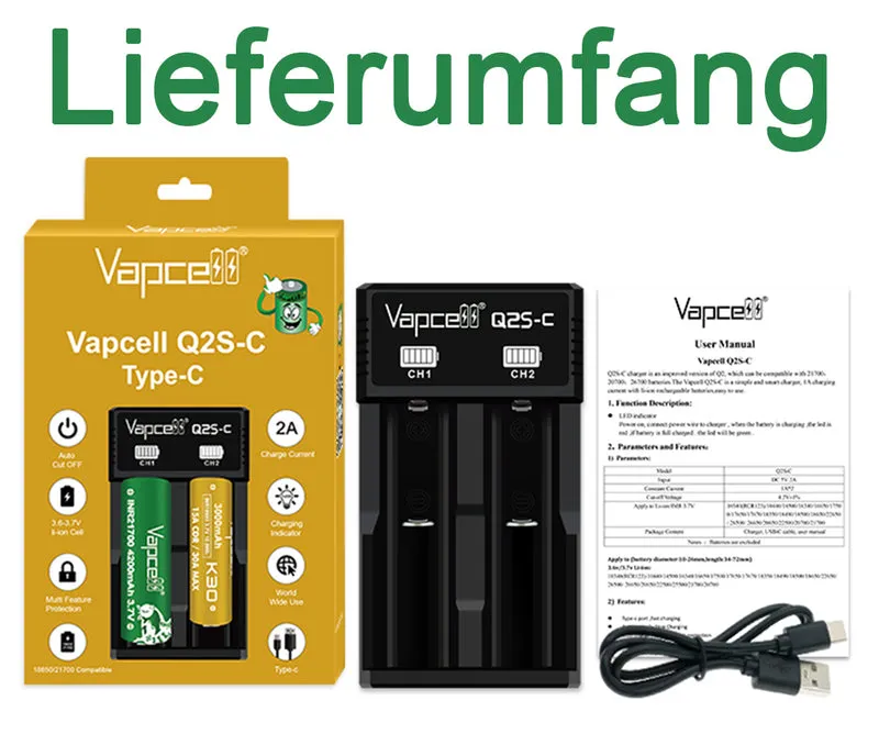 Vapcell Q2S-C USB-C Ladegerät – 2 unabhängige Schächte, 2×1A Ladestrom