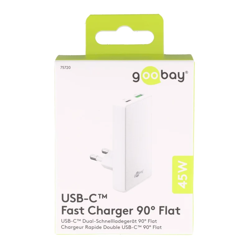 Goobay Multi Fast Charger 45 W – USB-C PD GaN Dual-Schnellladegerät mit 90° Flat Design
