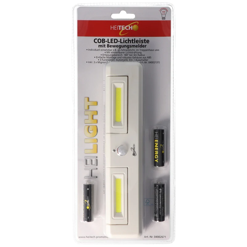 Heitech COB-LED-Lichtleiste mit Bewegungsmelder, ideal für Beleuchtung in Schränken, Treppenhäuser, Küchenzeilen, einstellbarer Lichtstrahl