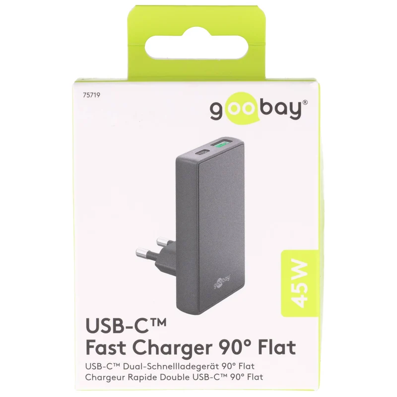 Goobay USB-C PD GaN Dual-Schnellladegerät, 90° Flat, 1x USB-C und 1x USB-A Anschluss, flaches Design