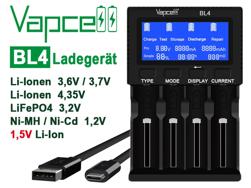 Vapcell BL4 Universal-Ladegerät mit 4 Schächten für Li-Ion, LiFePO4, NiMH und 1,5V Li-Ion Akkus