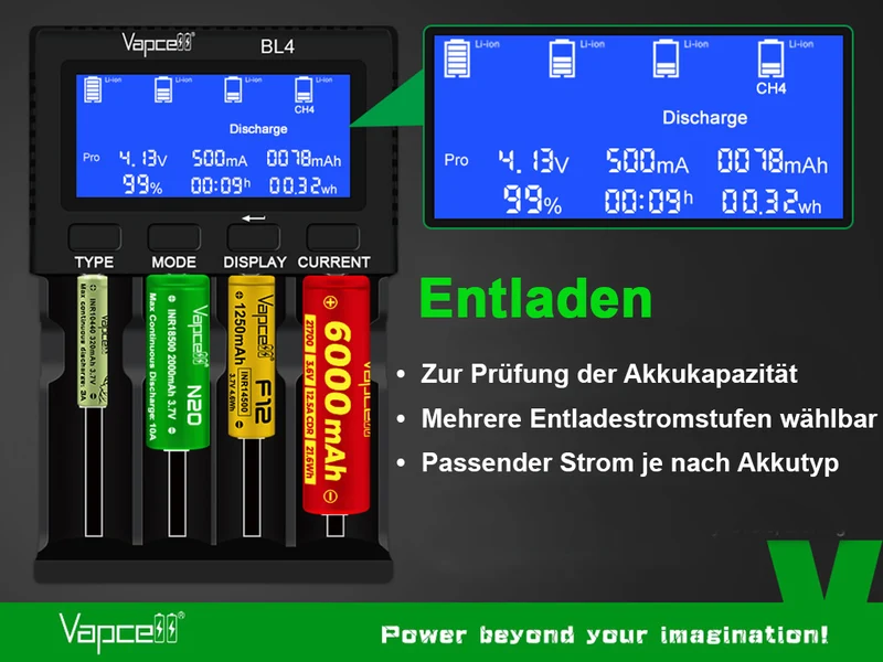 Vapcell BL4 Universal-Ladegerät mit 4 Schächten für Li-Ion, LiFePO4, NiMH und 1,5V Li-Ion Akkus