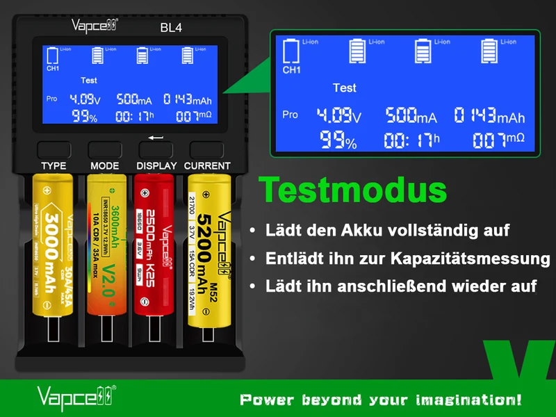 Vapcell BL4 Universal-Ladegerät mit 4 Schächten für Li-Ion, LiFePO4, NiMH und 1,5V Li-Ion Akkus
