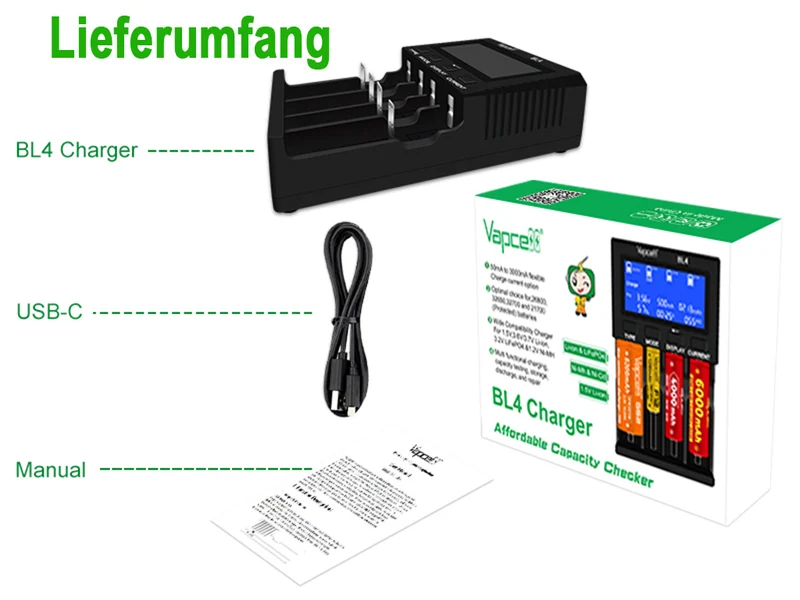 Vapcell BL4 Universal-Ladegerät mit 4 Schächten für Li-Ion, LiFePO4, NiMH und 1,5V Li-Ion Akkus