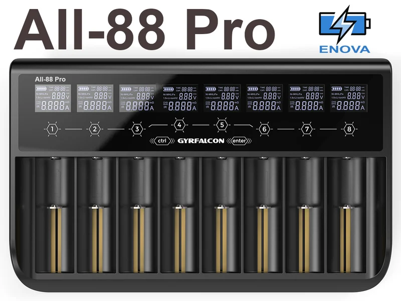 Enova Gyrfalcon All-88 Pro - 8fach Akkuladegerät für Li-Ion 1,5V; 3,6 - 3,7V LiFePO4 3,2V & NiMH