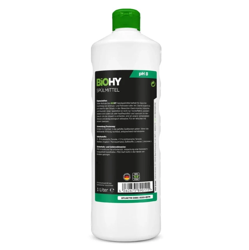 BiOHY Spülmittel – 1L, vegan, biologisch abbaubar, streifenfrei, für Gastronomie & Haushalt