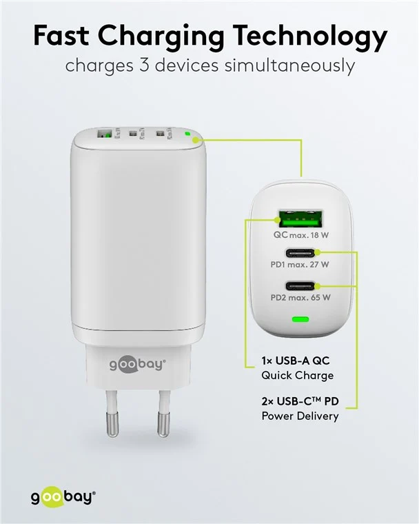 Goobay USB-C™ PD 3-fach Multiport-Schnellladegerät (65 W) weiß - 2x USB-C™-Anschlüsse (Power Delivery) und 1x USB-A-Anschluss (Quick Charge) - weiß