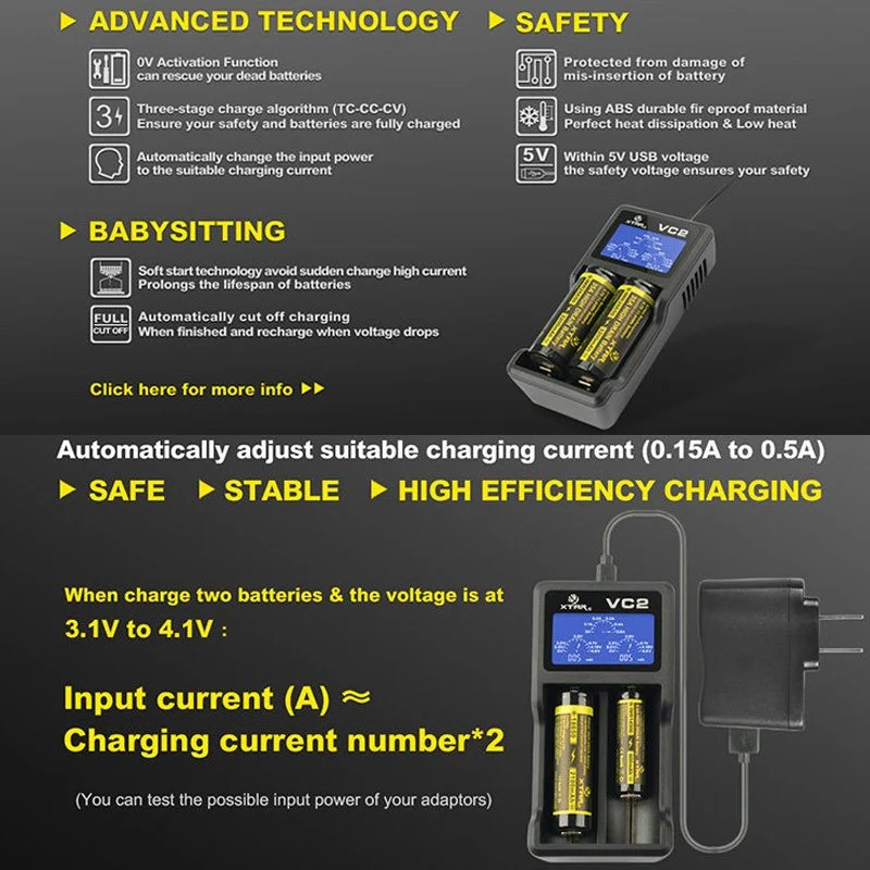Xtar 2-Schacht USB-Ladegerät mit großem Display, mit bis zu 0,5Ah Ladestrom