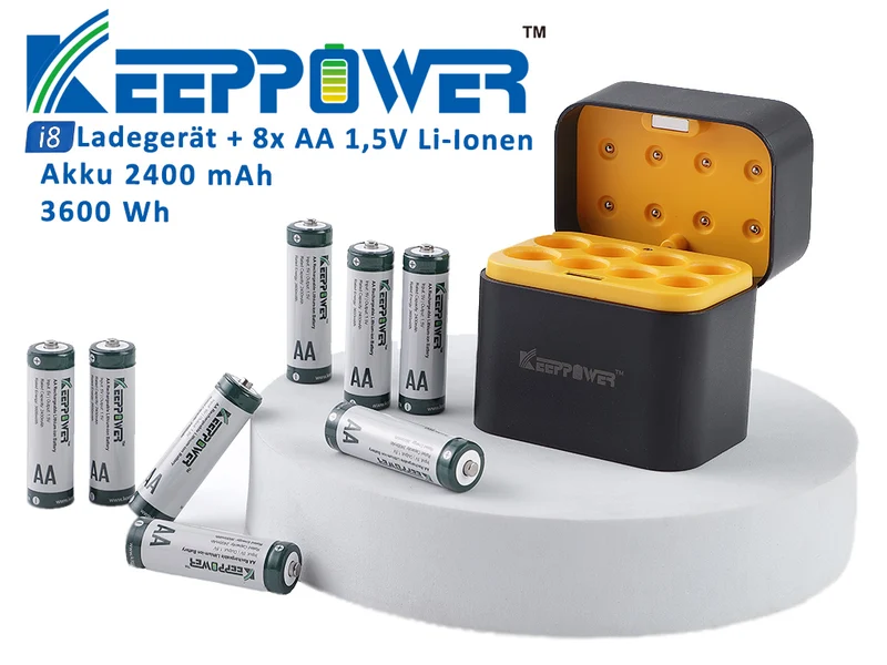 Keeppower I8 Ladegerät mit 8× 1,5V AA Li-Ion-Akkus – USB-C Eingang