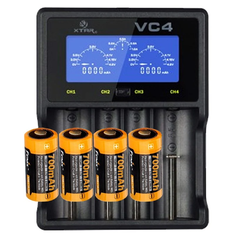 AccuCell Li-Ion Schnellladegerät mit Einzelkanalsteuerung inkl. 4 Stück CR123A Li-Ion Akku 760mAh und 1x AccuCell AccuSafe