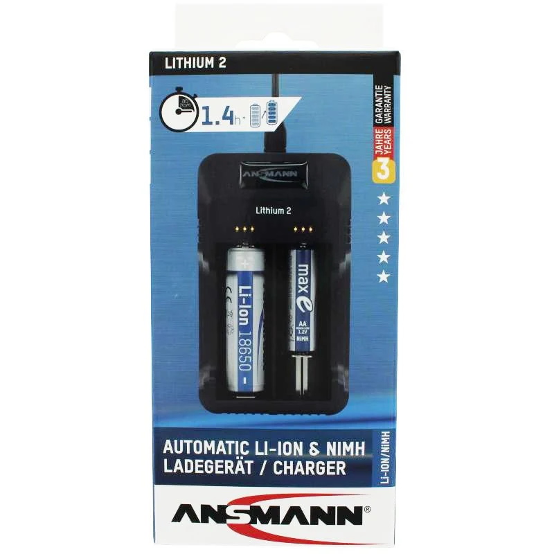 ANSMANN Lithium 2 Ladegerät für 1-2 Li-Ion Akku 3,6V, 3,7V mit LED-Ladestatusanzeigen, schwarz