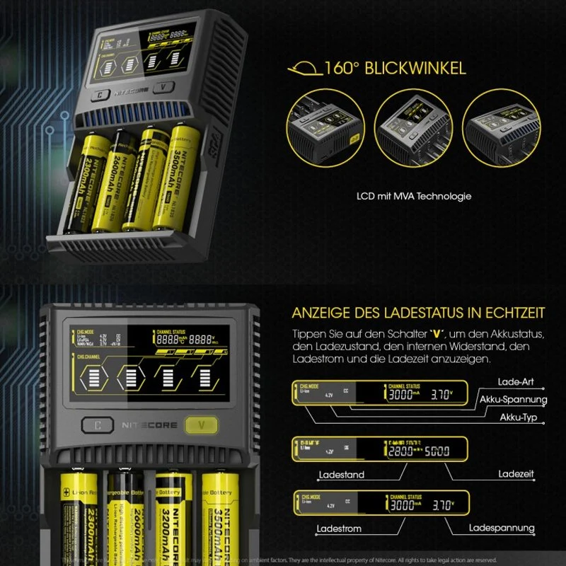 Nitecore SC4 Schnell-Ladegerät passend für fast alle Li-Ion, NiMH und LiFEPO4 Akku
